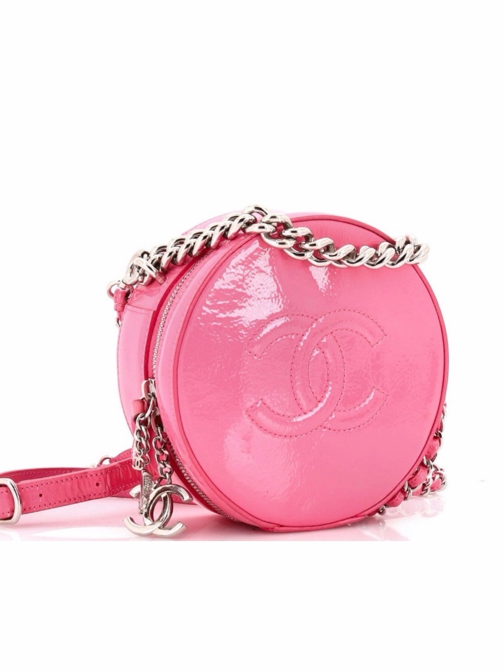 CHANEL Hot Pink Patent Leather Round Crossbody Bag with Chain